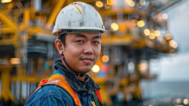 Picture of an Asian petroleum engineer Inspect crude oil drilling rigs and industrial pipelines in a large factory behind an upstream subsea crude oil and gas production facility.