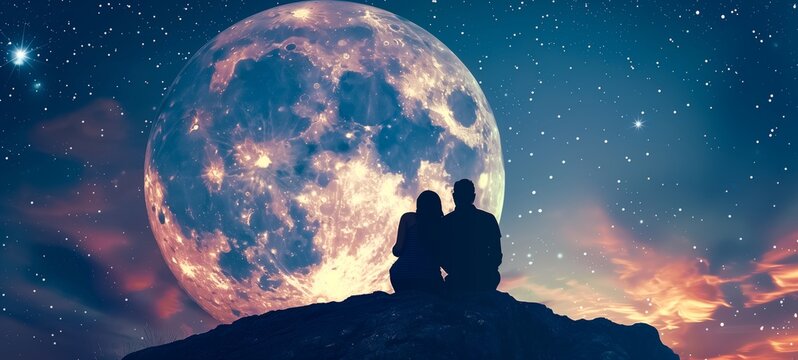 Two silhouettes stand against a cosmic and moon backdrop, symbolizing astrological influence on love and relationships.