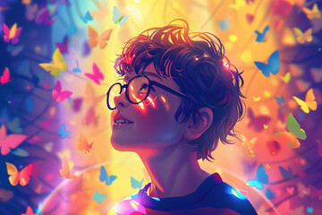 Smiling kid looking at colorful rainbow. Magic beautiful spring or summer day. Autism Awareness Day. LGBTQ family child. Pride day, LGBT family