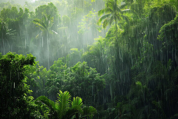Heavy rain in a tropical rainforest - obrazy, fototapety, plakaty