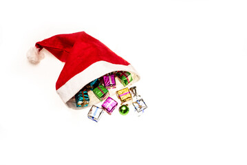 Santa hat and many gift on isolated white background 