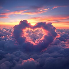 High in the sky, in the rays of a beautiful dawn, amazing clouds formed the shape of a heart