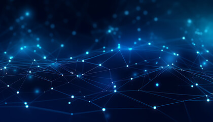 Fototapeta premium Abstract digital network with interconnected lines and dots on a deep blue background, symbolizing connectivity and data flow. Generative AI
