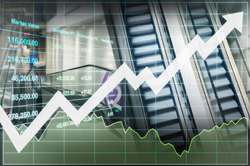 Stock financial data with graph and chart show successful investment on global economics growth index with escalator and ramp industrial equipment background. - 772709360