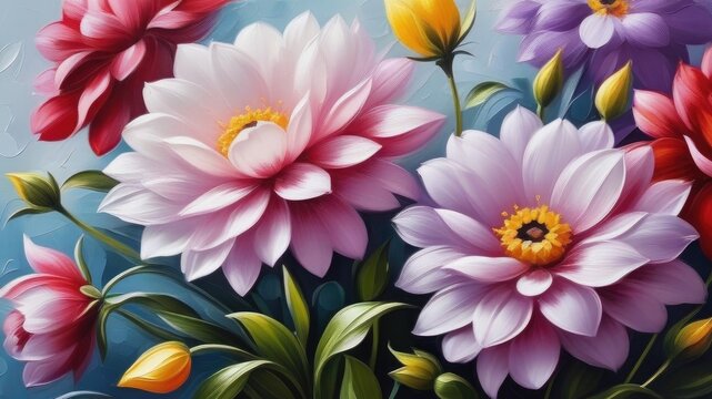 Flowers in paint, canvas, acrylic, brushstrokes,3d, mixed style. Picture.