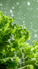 A poster of crisp lettuce leaves amidst a splash of water droplets set against a clean