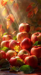 A stunning studio shot of an apple cider burst with several types of apples like Granny Smith and Red Delicious