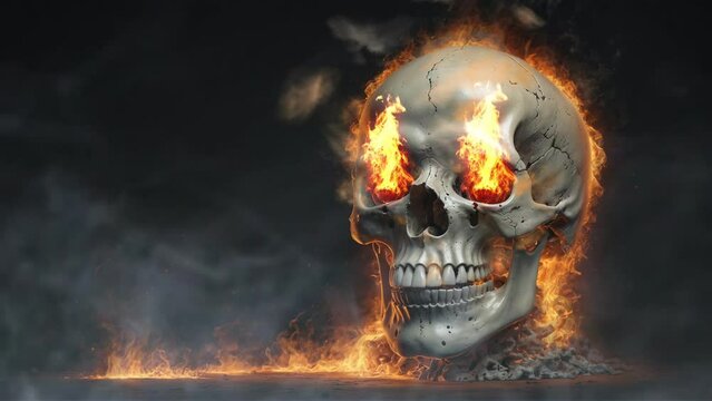 burning skull in fire with black background. Seamless loop 4k animation video