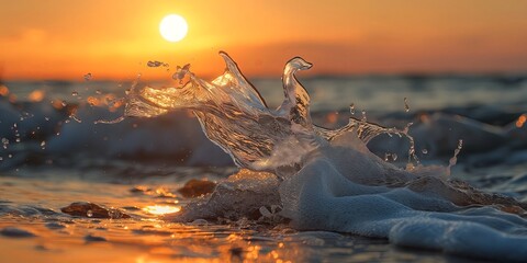In the rays of a beautiful dawn, amazing splashes of water formed the shape of a bird - obrazy, fototapety, plakaty