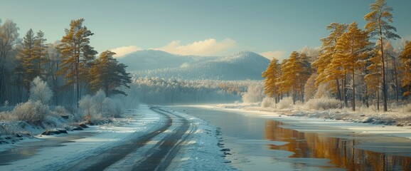 Landscape Winter Roadside Hokkaido Japan, Background Banner HD - obrazy, fototapety, plakaty