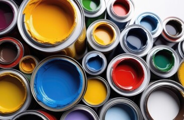 Jars with multicolored paints, acrylic, oil. Background. View from above