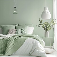 Pastel green bedroom interior, clean white and green pillows and blankets