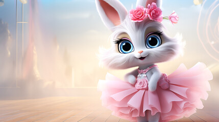 easter bunny with pink getup and blue eyes imaginative animated character blue and shiny background
