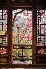 Beautiful sakura cherry blossom view through the windows from a traditional Chinese wooden house