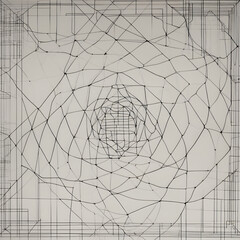 A complex geometric drawing that is a blend of art and mathematics.