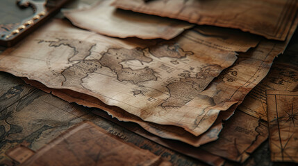 Front close view of a creased vintage map with blank label, highlighting the texture and artistry...