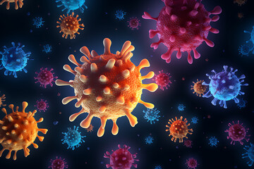 Fototapeta na wymiar Detailed 3D illustration of viruses with spike proteins against a dark teal backdrop, highlighting infectious pathogens. Generative AI