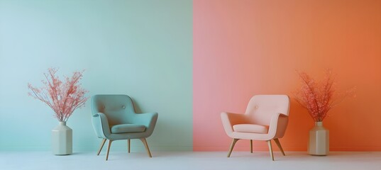 Minimalist interior in a painted pink, peach and blue wall, soft armchairs