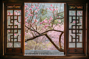Beautiful sakura cherry blossom view through the windows from a traditional Chinese wooden house