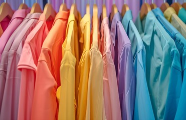 Colorful clothes on a clothing rack, pastel colorful closet in a shopping store