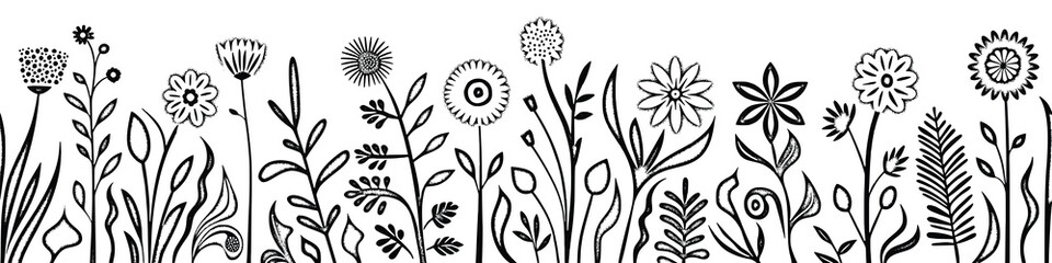 Hand drawn grass and flowers, seamless border, vector illustration	