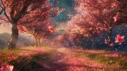 Experience the aweinspiring beauty of a colorful explosion as flowers bloom in a cherry orchard