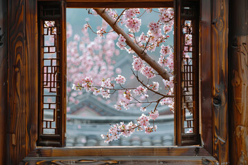 Beautiful sakura cherry blossom view through the windows from a traditional Chinese wooden house