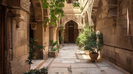 Fototapeta na wymiar A peaceful courtyard in an old city with a maze of ancient stone walls and archways decorated with delicate carvings showcasing the intricate and timehonored art of masonry.