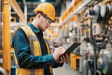 Caucasian male engineer is checking data on tablet phone at industrial site