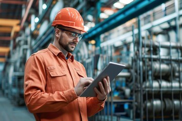 Caucasian male engineer is checking data on tablet phone at industrial site