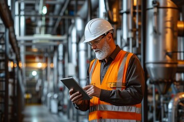 Caucasian male engineer is checking data on tablet phone at industrial site
