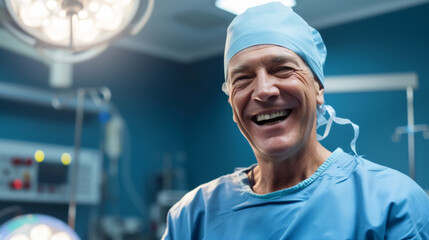 Cheerful Senior man surgeon in blue scrubs and cap laughing in the operating room, embodying a positive medical team spirit