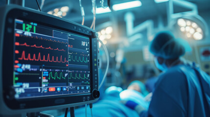 Crisp display of patient’s vital statistics on a heart rate monitor during a surgical procedure under bright operating lights
