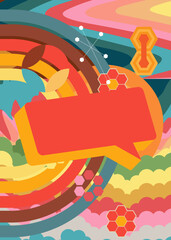 Retro 70s Background with Speech Bubble. Groovy Chat, 1970s art template. Minimalistic Vintage design poster. Old-fashioned color artwork.