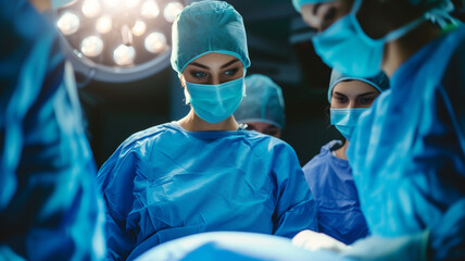 Surgical team in blue scrubs performing a delicate operation, with a female surgeon leading the procedure under bright OR lights