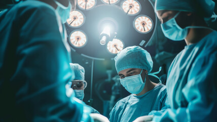Intense focus of a surgical team in the operating room, illuminated by surgical lights during a critical procedure