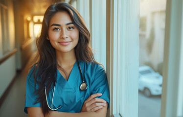 Young female nurse with a welcoming smile in a blue scrub, standing confidently in a hospital corridor with natural light