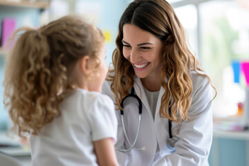 Smiling young pediatrician in a white coat engaging with a child patient in a brightly lit medical office setting