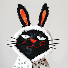 A simple cute cat character wearing bunny ears, flat color background, illustration made with generative AI
