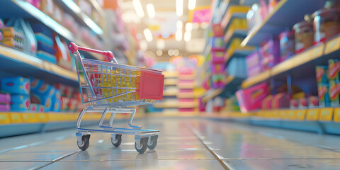 A shopping cart moving swiftly captured in a blur down a store with a lot of products in the background. A shopping cart in a supermarket aisle, inflation rate concept - obrazy, fototapety, plakaty