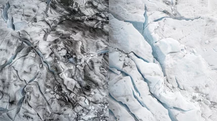 Foto op Canvas Two images of glaciers taken in different seasons one in winter and the other in summer. The winter image shows a frozen solid glacier with minimal visible movement while © Justlight