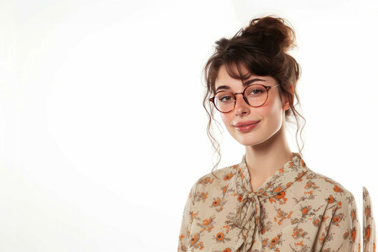 Pretty Young Woman in Vintage-Inspired Blouse and Cat-Eye Glasses photo on white isolated background