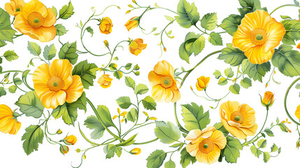 A yellow flowers with green leaves is shown in the center of the image. The flowers are surrounded by green leaves and vines, creating a natural and vibrant look. The scene is cheerful and lively