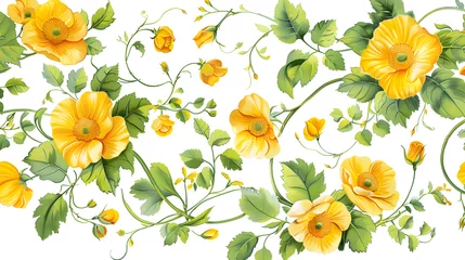 Foto op Canvas A yellow flowers with green leaves is shown in the center of the image. The flowers are surrounded by green leaves and vines, creating a natural and vibrant look. The scene is cheerful and lively © IrisFocus