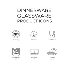 Product Packaging icons line art icons BPA free, water resistant, dish washer, innovative, premium, microwave safe, food grade, fast delivery, customer support 
