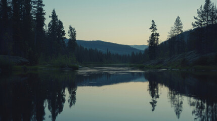 The silhouettes of tall trees and rolling hills framed against a cloudless sky reflecting in the glassy surface of the tranquil river. . . - obrazy, fototapety, plakaty