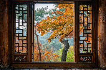 Beautiful autumn foliage view through the window from a traditional wooden Chinese house