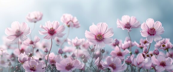 Pink Cosmos Flowers Blooming Garden Blue, Background Banner HD