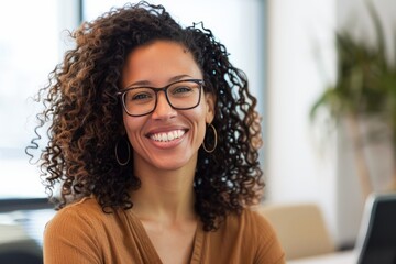 Cheerful Young Woman With Glasses Smiling in a Bright Office Environment During the Day