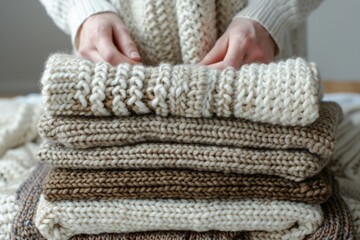 Cozy Hands Resting on a Pile of Warm Knitted Sweaters